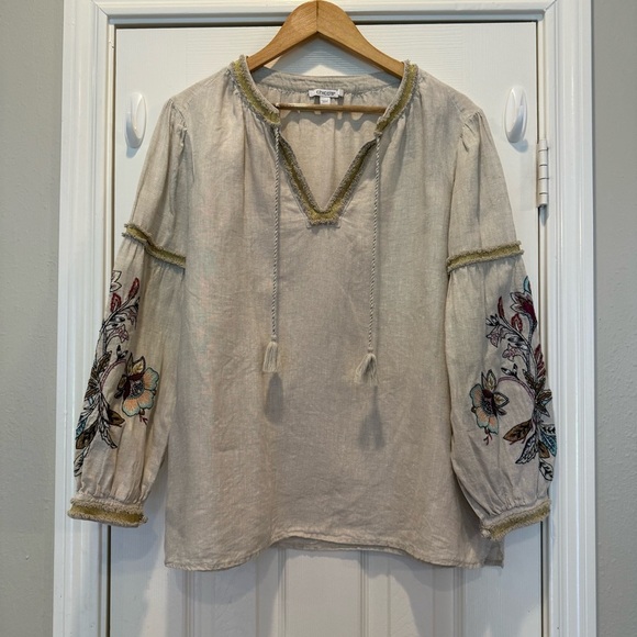 CHICOS 100% Linen Cream Puff Sleeve Embroidered Tunic Blouse Women’s Sz 14 Boho - Picture 2 of 11